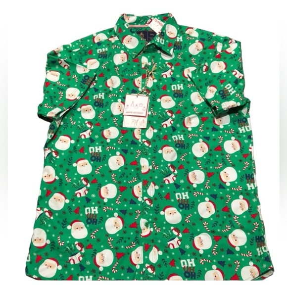 RUGBY UNIVERSITY men’s ugly Christmas button up dress shirt Santa pattern NWT - Picture 2 of 7